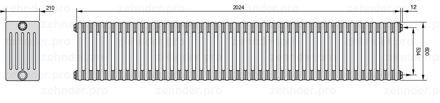 Схема (чертеж) Радиатор Zehnder Charleston 6060/44 №7610 Белый глянцевый RAL 9016